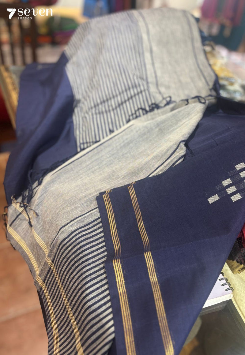 Meera Signature Seven Handloom Navy Blue Bangalore Pure Cotton Saree - Seven Sarees - Saree - Seven Sarees