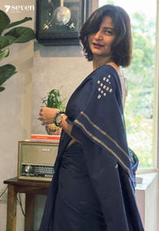 Meera Signature Seven Handloom Navy Blue Bangalore Pure Cotton Saree - Seven Sarees - Saree - Seven Sarees