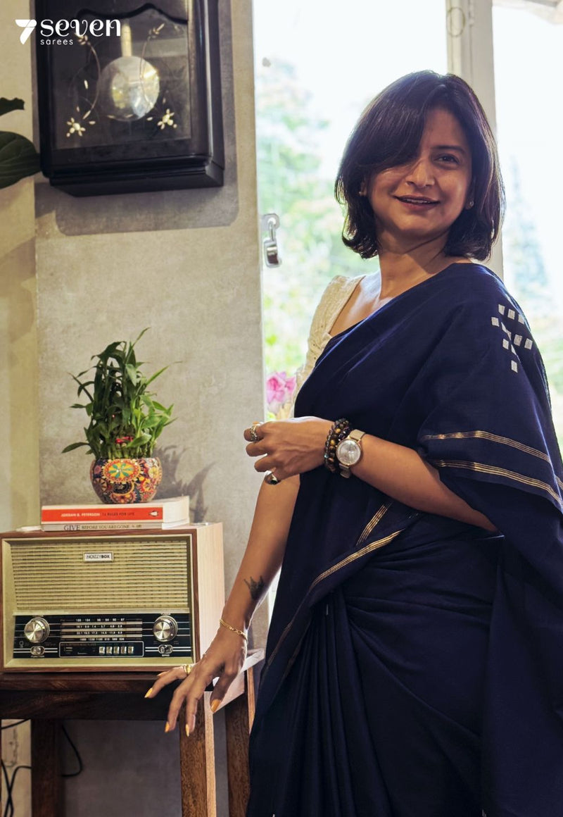 Meera Signature Seven Handloom Navy Blue Bangalore Pure Cotton Saree - Seven Sarees - Saree - Seven Sarees