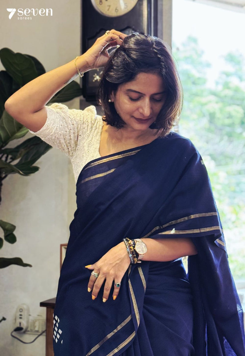 Meera Signature Seven Handloom Navy Blue Bangalore Pure Cotton Saree - Seven Sarees - Saree - Seven Sarees
