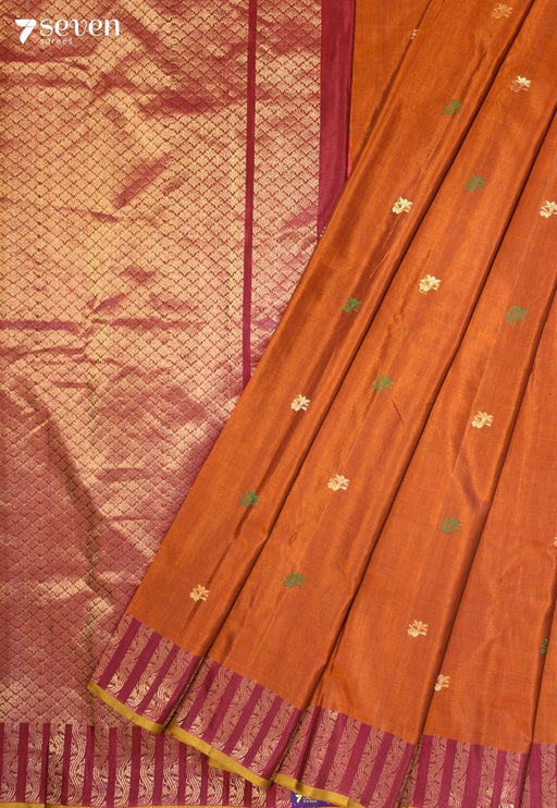 Meghriva Signature Seven Handloom Rust Orange Bangalore Pure Silk Cotton Saree - Seven Sarees - Saree - Seven Sarees