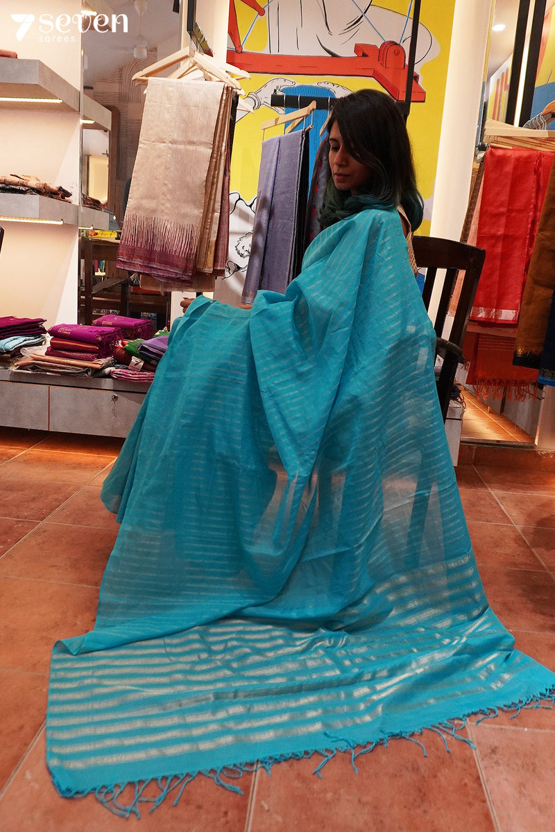 Miraaya Signature Seven Handloom Blue Bangalore Pure Cotton Saree - Seven Sarees - Saree - Seven Sarees