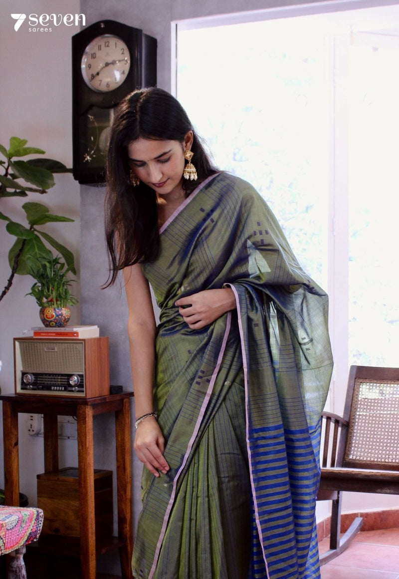 Misty Basil Signature Seven Handloom Green Bangalore Vegan Silk Saree - Seven Sarees - Saree - Seven Sarees
