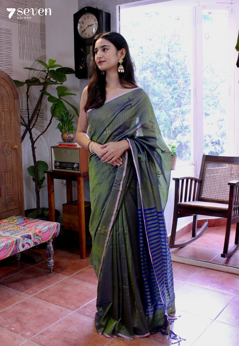 Misty Basil Signature Seven Handloom Green Bangalore Vegan Silk Saree - Seven Sarees - Saree - Seven Sarees