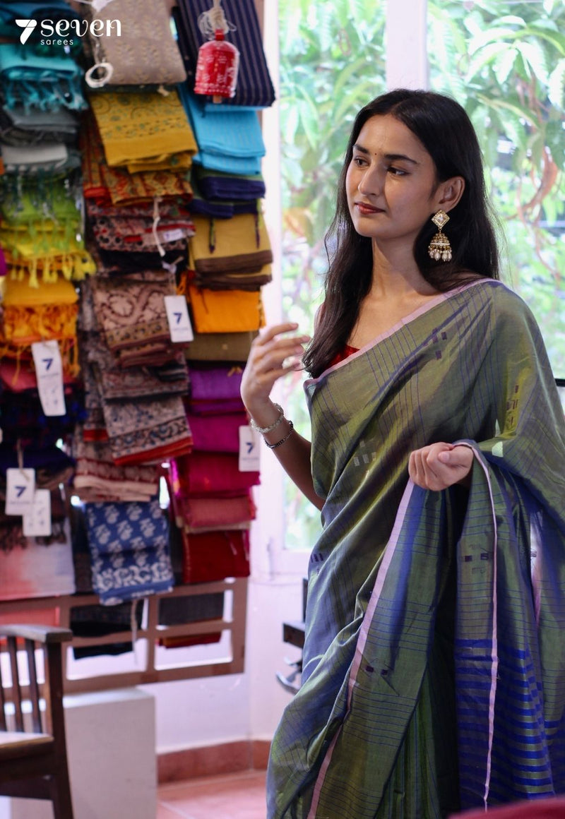 Misty Basil Signature Seven Handloom Green Bangalore Vegan Silk Saree - Seven Sarees - Saree - Seven Sarees