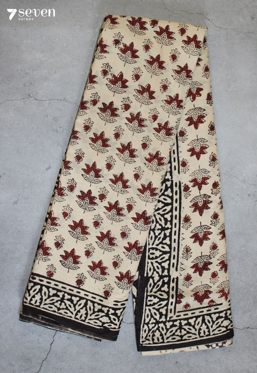 Moganvi Jaipur Off-White Hand Block Printed 100% Cotton Saree - Seven Sarees - Saree - Seven Sarees