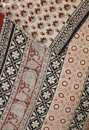 Moganvi Jaipur Off-White Hand Block Printed 100% Cotton Saree - Seven Sarees - Saree - Seven Sarees