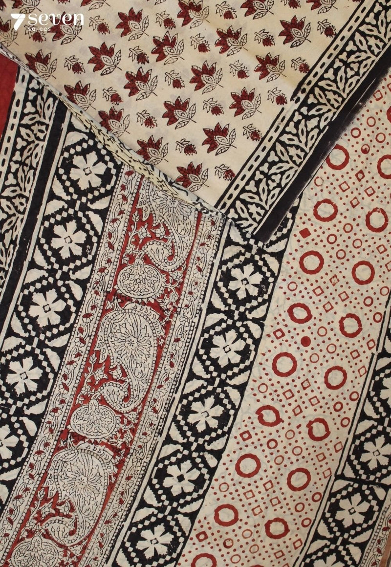 Moganvi Jaipur Off-White Hand Block Printed 100% Cotton Saree - Seven Sarees - Saree - Seven Sarees