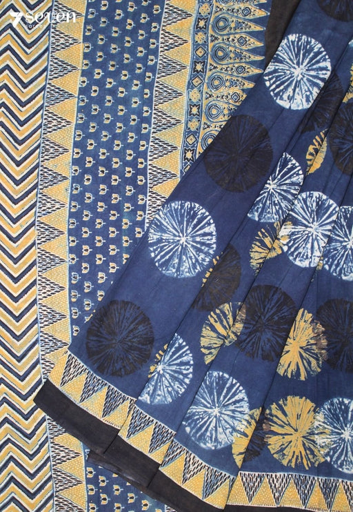 Mokari Kutch Blue Pure Handmade Ajrakh 100% Cotton Saree - Seven Sarees - Saree - Seven Sarees