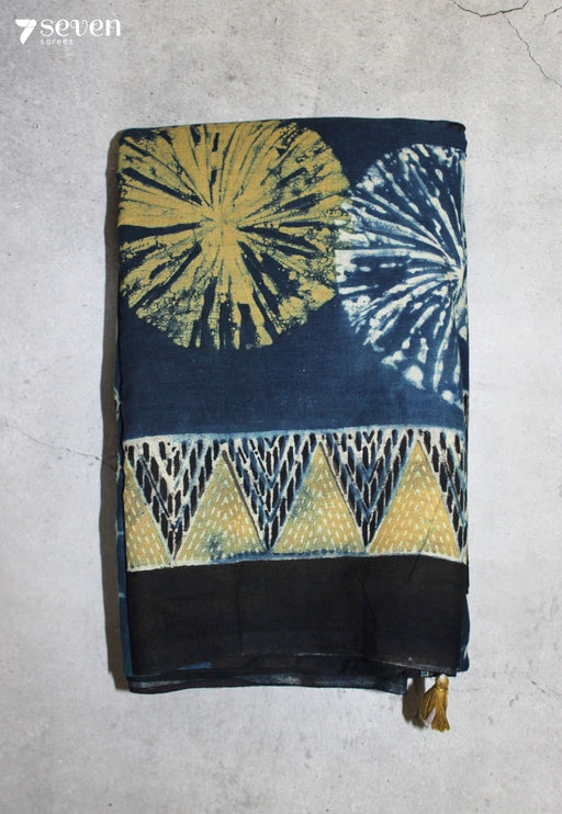 Mokari Kutch Blue Pure Handmade Ajrakh 100% Cotton Saree - Seven Sarees - Saree - Seven Sarees