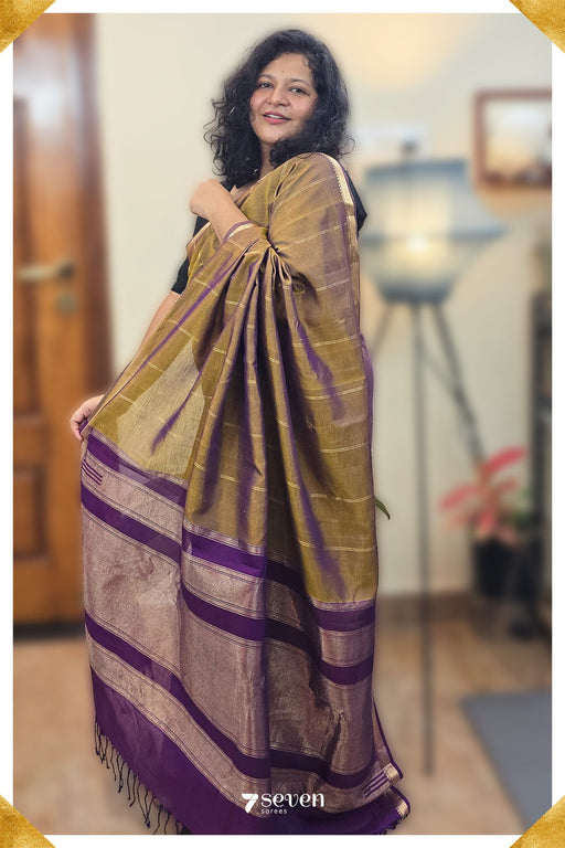 Moonlit Meadow Signature Seven Handloom Golden - Purple Bangalore Silk Cotton Saree - Seven Sarees - Saree - Seven Sarees