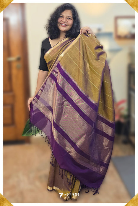 Moonlit Meadow Signature Seven Handloom Golden - Purple Bangalore Silk Cotton Saree - Seven Sarees - Saree - Seven Sarees