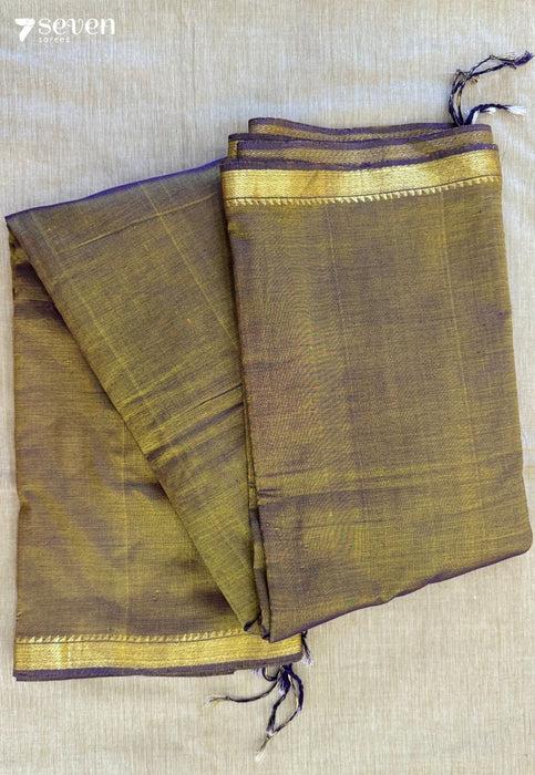 Moonlit Meadow Signature Seven Handloom Golden - Purple Bangalore Silk Cotton Saree - Seven Sarees - Saree - Seven Sarees