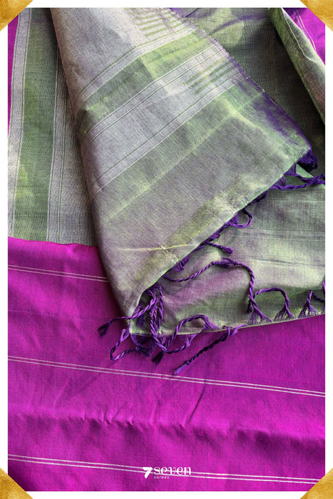 Moonlit Orchid Signature Seven Handloom Pink - Green Bangalore Silk Cotton Saree - Seven Sarees - Saree - Seven Sarees