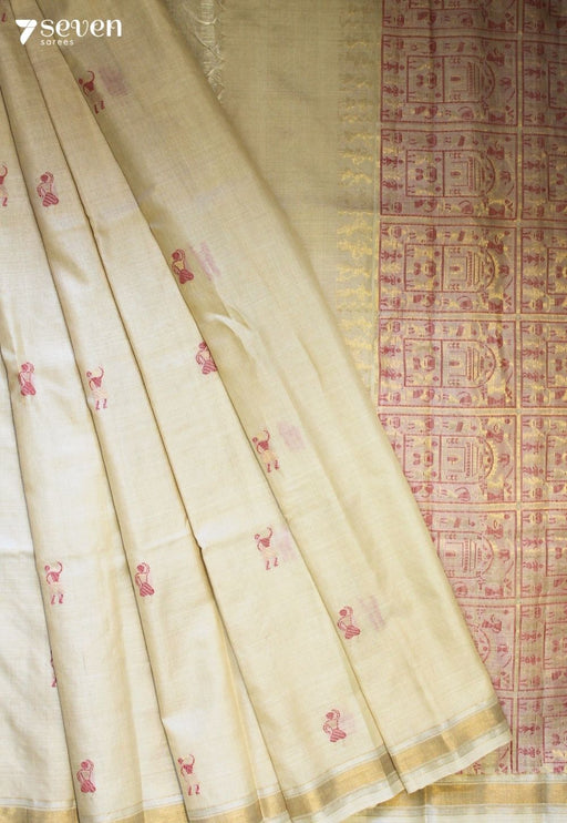Morning Dew Handloom Off White Pure Tussar Silk(Kosa) Saree| Silk Mark Certified - Seven Sarees - Saree - Seven Sarees