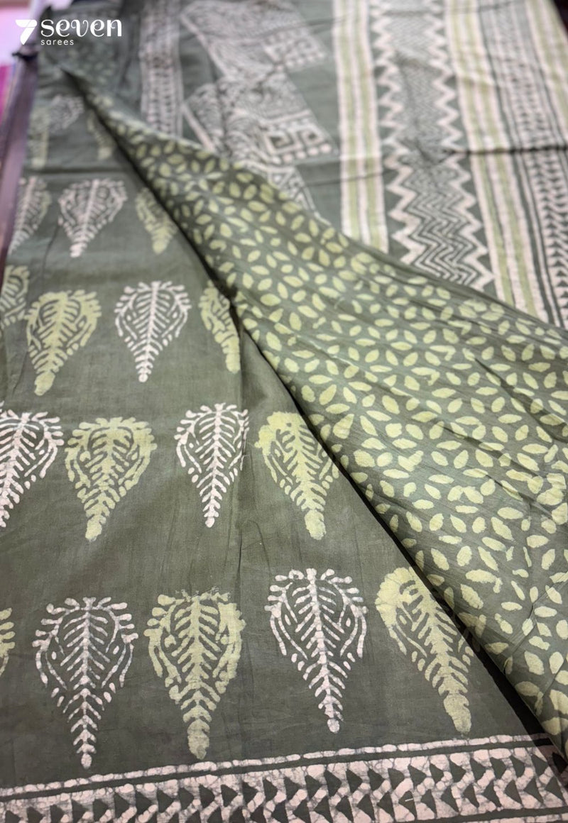 Moss & Moon Jaipur Green Handblock 100% Cotton Saree - Seven Sarees - Saree - Seven Sarees