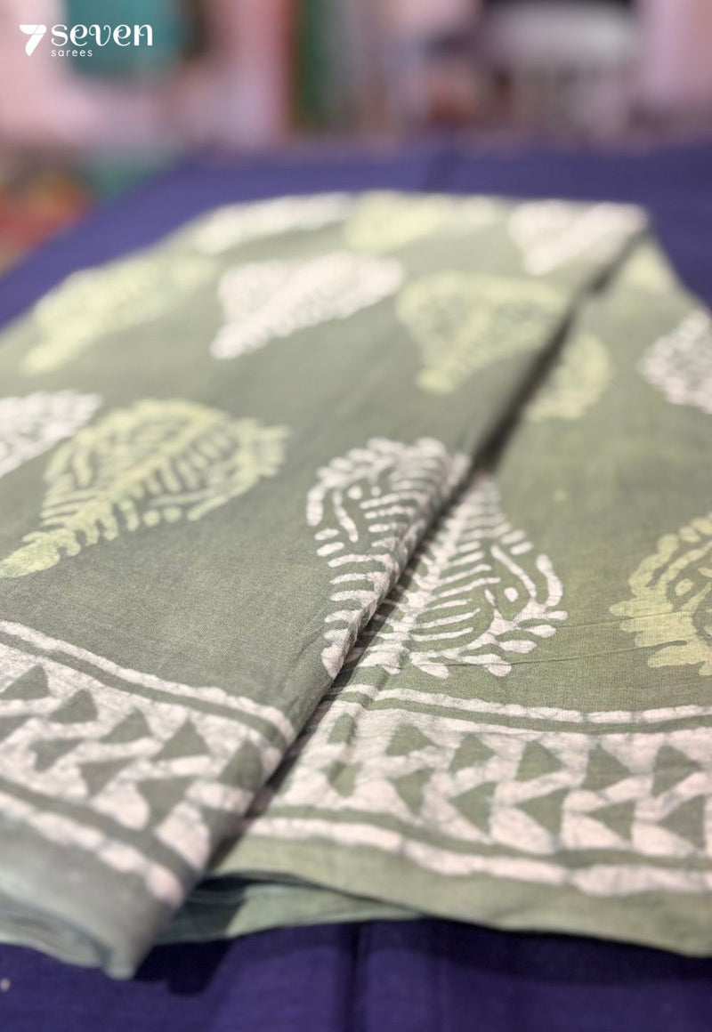 Moss & Moon Jaipur Green Handblock 100% Cotton Saree - Seven Sarees - Saree - Seven Sarees