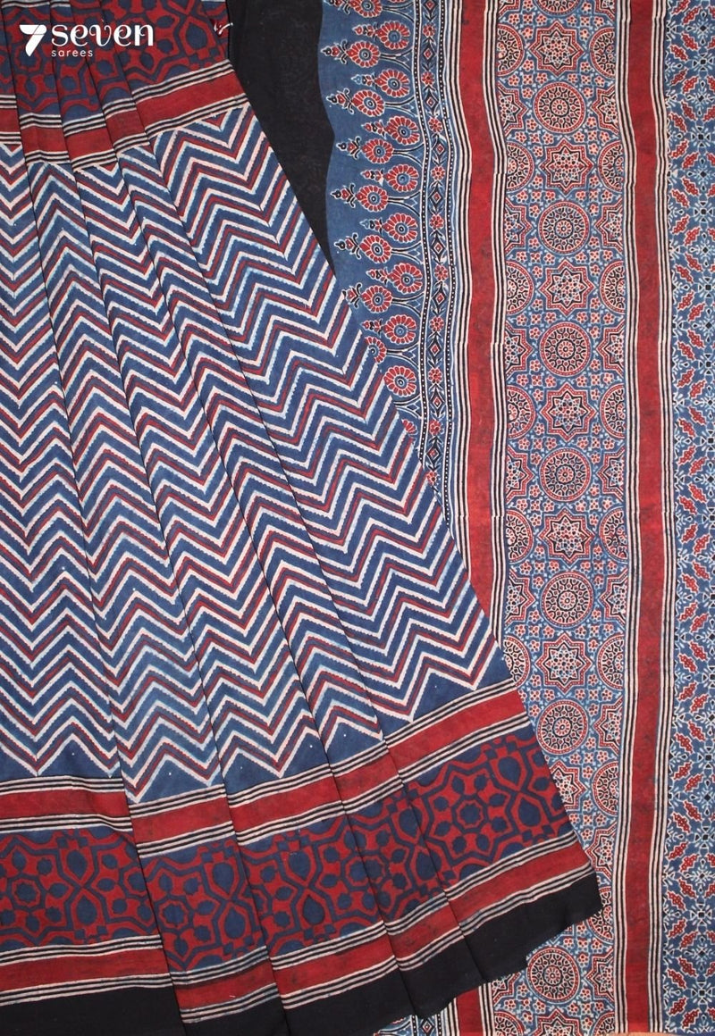 Mridaya Kutch Blue Pure Handmade Ajrakh 100% Cotton Saree - Seven Sarees - Saree - Seven Sarees