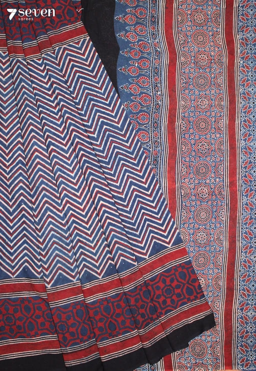 Mridaya Kutch Blue Pure Handmade Ajrakh 100% Cotton Saree - Seven Sarees - Saree - Seven Sarees