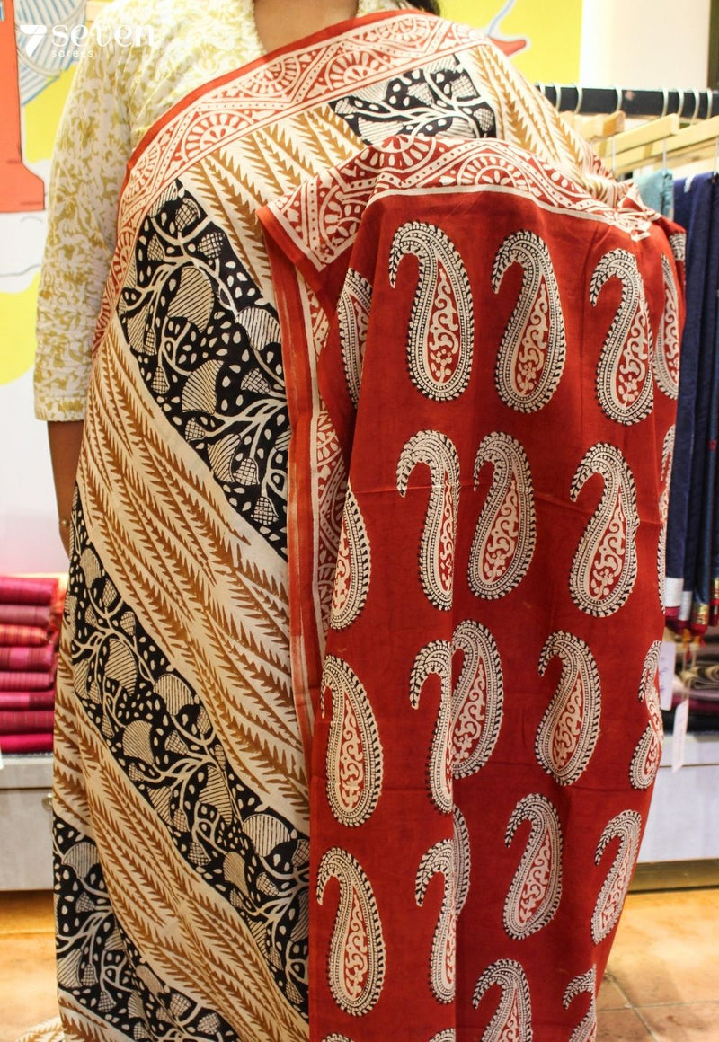 Mridu Jaipur Off White Hand Block Printed 100% Cotton Saree - Seven Sarees - Saree - Seven Sarees