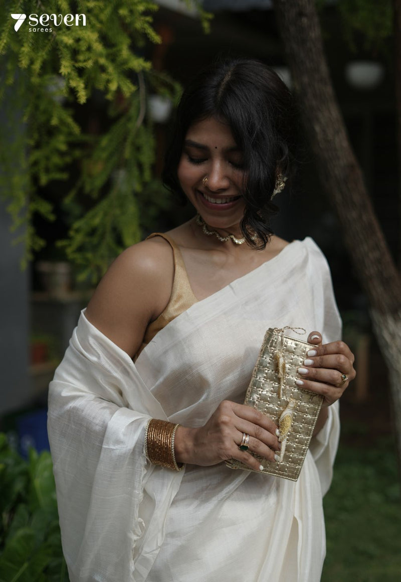 Muthu Mangalagiri Handloom Pearl - White Vegan Silk Saree - Seven Sarees - Saree - Seven Sarees