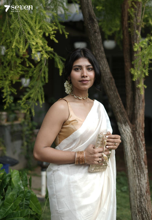 Muthu Mangalagiri Handloom Pearl - White Vegan Silk Saree - Seven Sarees - Saree - Seven Sarees