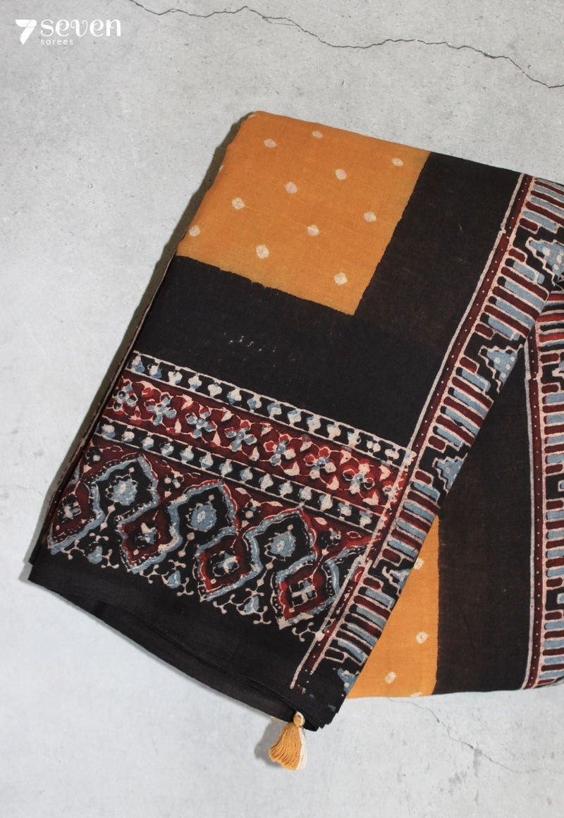 Nairuva Kutch Black Yellow Handmade Ajrakh Bandhini 100% Cotton Saree - Seven Sarees - Saree - Seven Sarees