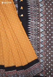 Nairuva Kutch Black Yellow Handmade Ajrakh Bandhini 100% Cotton Saree - Seven Sarees - Saree - Seven Sarees
