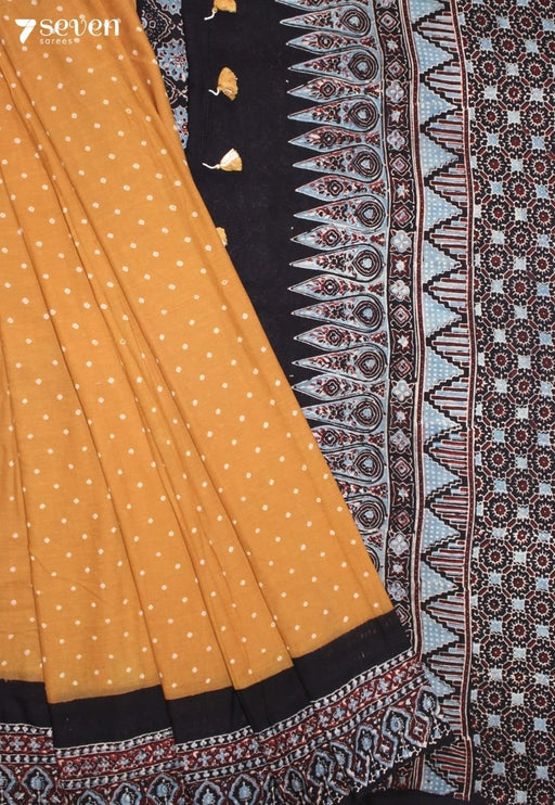 Nairuva Kutch Black Yellow Handmade Ajrakh Bandhini 100% Cotton Saree - Seven Sarees - Saree - Seven Sarees