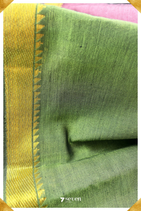 Nargis Signature Seven Handloom Green Bangalore Silk Cotton Saree with Pink Pallu and Blouse - Seven Sarees - Saree - Seven Sarees