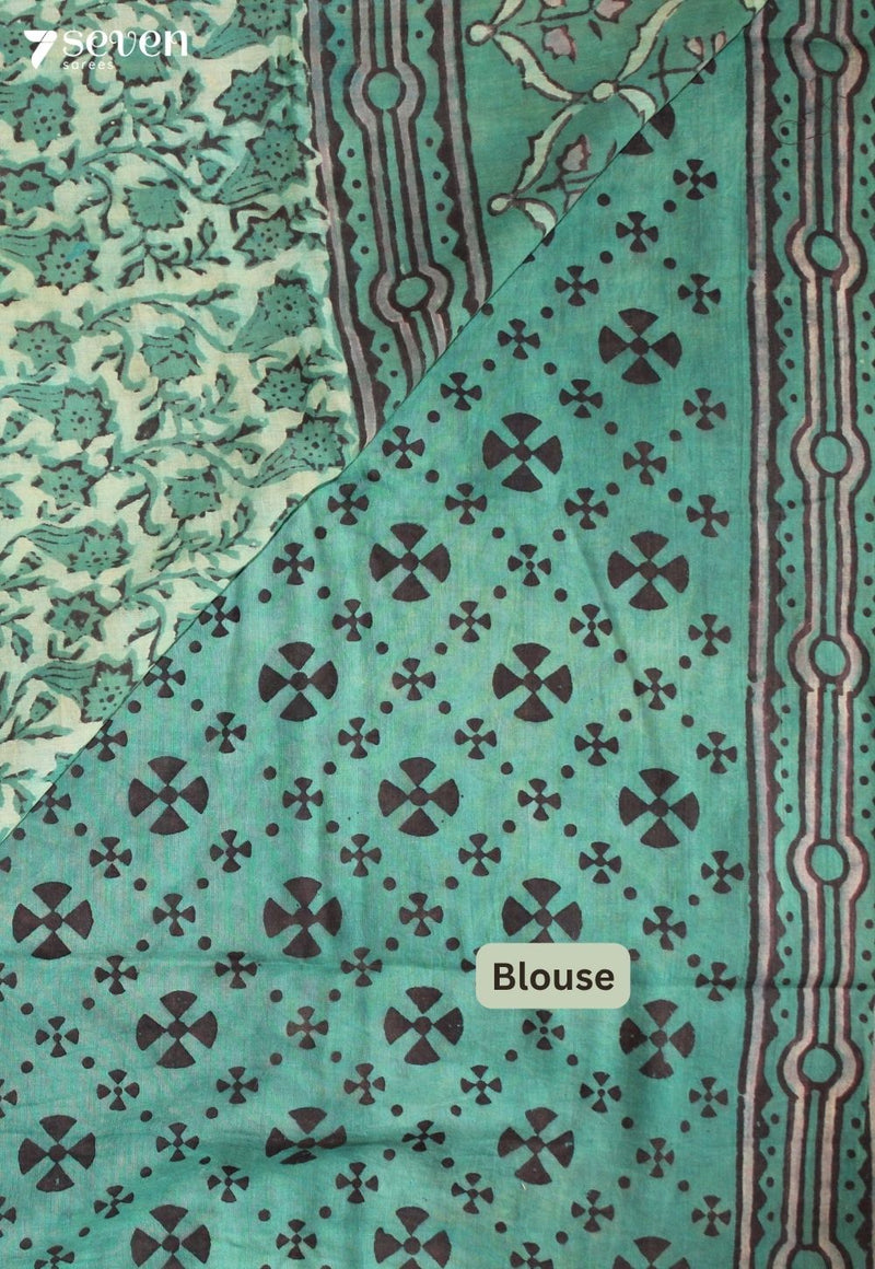 Navesha Jaipur Green Hand Block Printed Vegetable Dyed 100% Cotton Saree - Seven Sarees - Saree - Seven Sarees