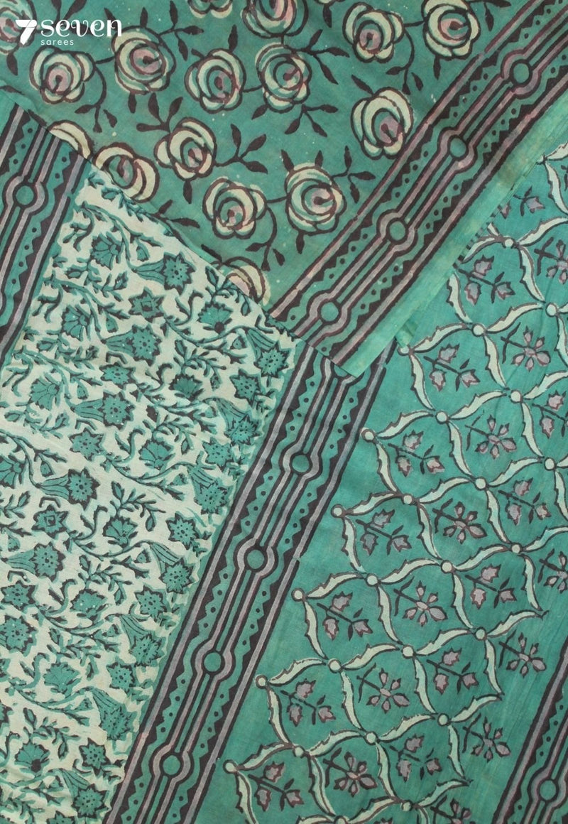 Navesha Jaipur Green Hand Block Printed Vegetable Dyed 100% Cotton Saree - Seven Sarees - Saree - Seven Sarees