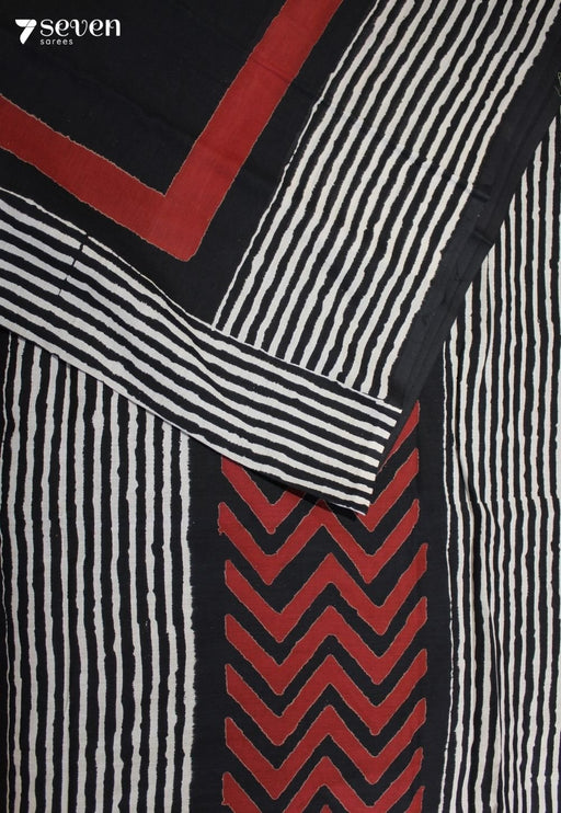 Neeraja Jaipur Black Hand Block Printed 100% Cotton Saree - Seven Sarees - Saree - Seven Sarees