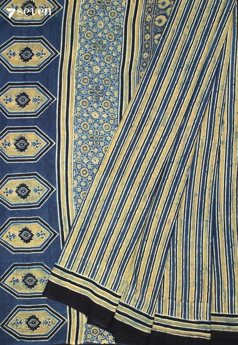 Neshal Kutch Blue Pure Handmade Ajrakh 100% Cotton Saree - Seven Sarees - Saree - Seven Sarees