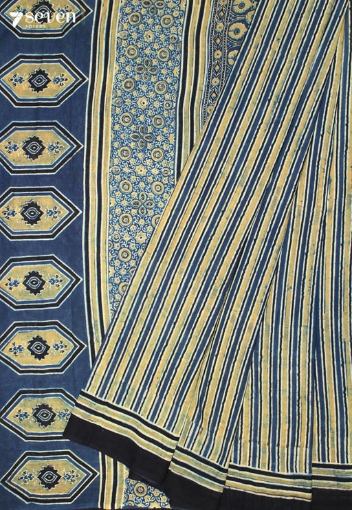 Neshal Kutch Blue Pure Handmade Ajrakh 100% Cotton Saree - Seven Sarees - Saree - Seven Sarees