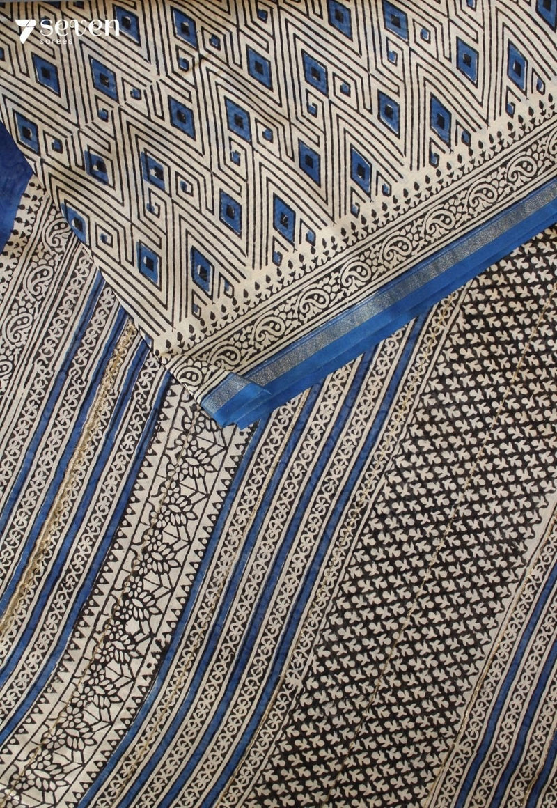 Nivasha Jaipur Off White Hand Block Printed Silk Cotton Saree - Seven Sarees - Saree - Seven Sarees