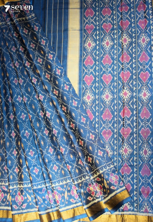 Nivetha Patola Handloom Single Ikkat Blue Pure Silk Saree|Silk Mark Certified - Seven Sarees - Saree - Seven Sarees