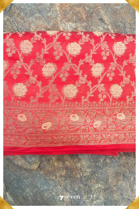 Nubra Benares Red Pure Silk Saree | Silk Mark Certified - Seven Sarees - Saree - Seven Sarees