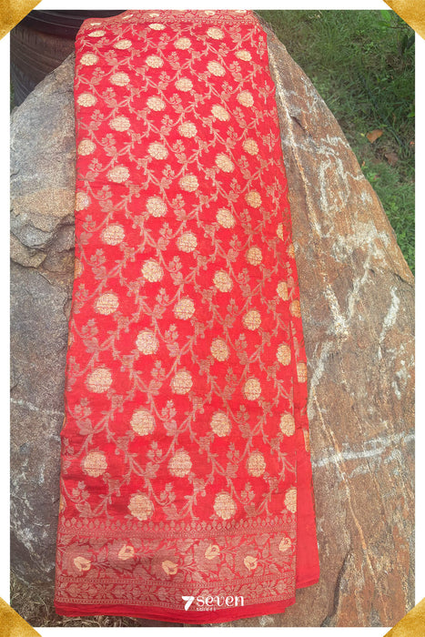 Nubra Benares Red Pure Silk Saree | Silk Mark Certified - Seven Sarees - Saree - Seven Sarees