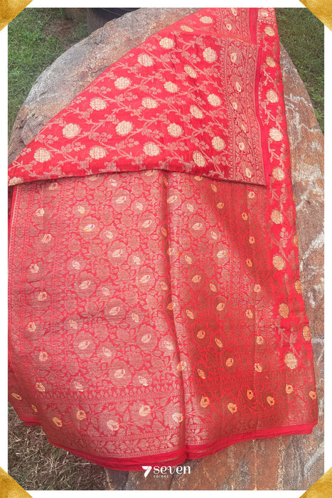 Nubra Benares Red Pure Silk Saree | Silk Mark Certified - Seven Sarees - Saree - Seven Sarees