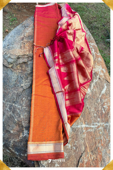 Nugge Signature Seven Handloom Orange/ Red Bangalore Vegan Silk Saree - Seven Sarees - Saree - Seven Sarees