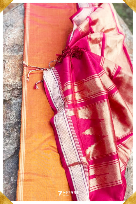 Nugge Signature Seven Handloom Orange/ Red Bangalore Vegan Silk Saree - Seven Sarees - Saree - Seven Sarees