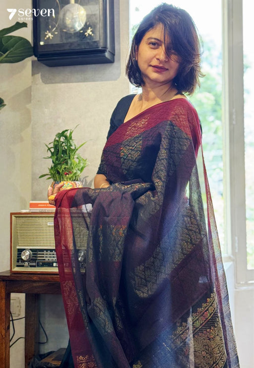 Nyra Signature Seven Handloom Black Bangalore Pure Cotton Saree - Seven Sarees - Saree - Seven Sarees