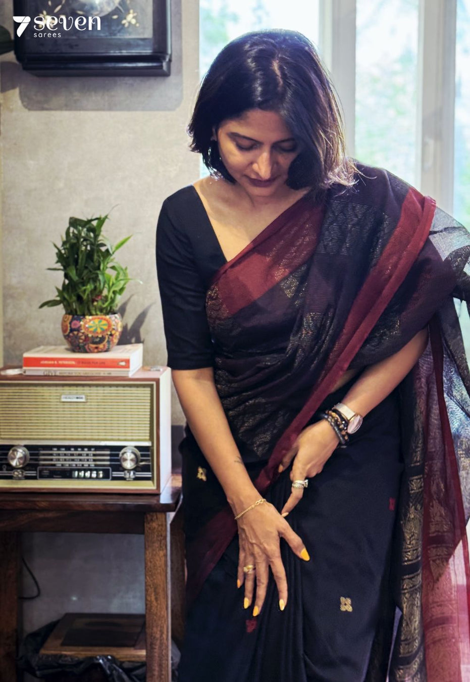 Nyra Signature Seven Handloom Black Bangalore Pure Cotton Saree - Seven Sarees - Saree - Seven Sarees