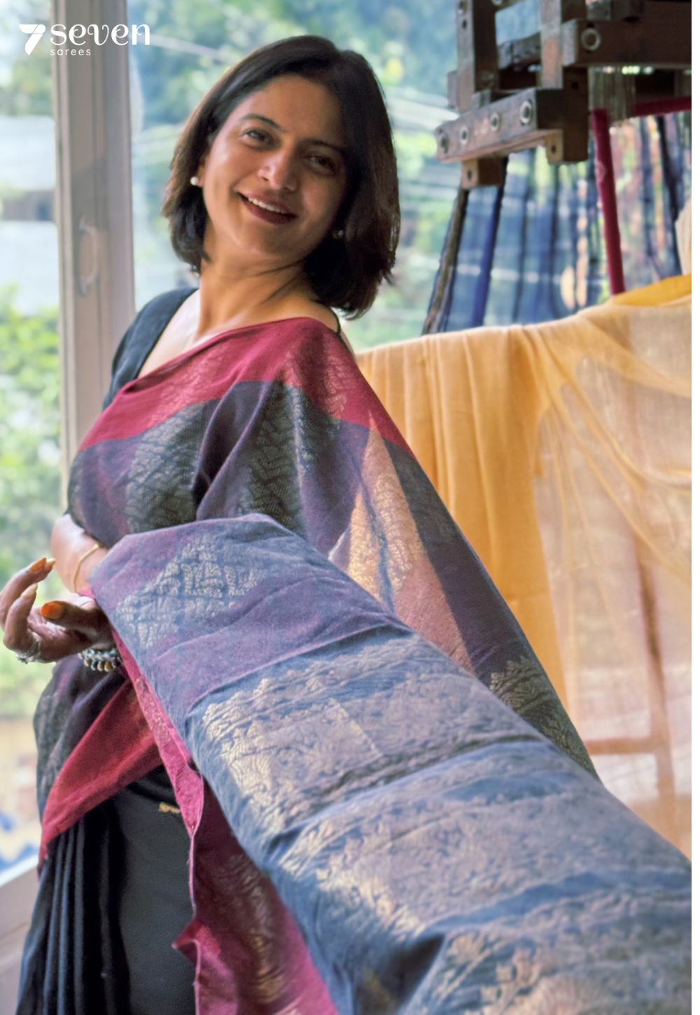 Nyra Signature Seven Handloom Black Bangalore Pure Cotton Saree - Seven Sarees - Saree - Seven Sarees