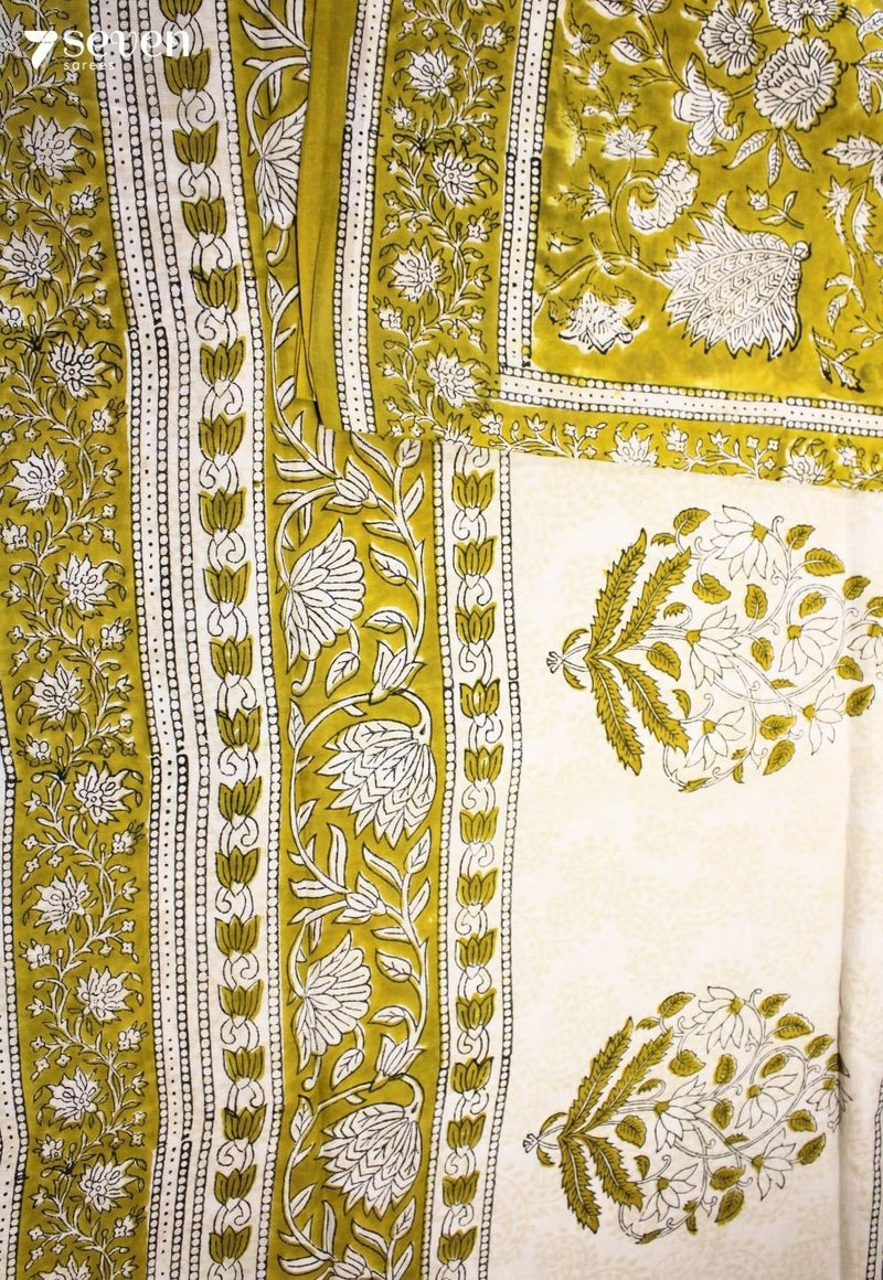 Ojasvi Jaipur Yellow Hand Block Printed 100% Cotton Saree - Seven Sarees - Saree - Seven Sarees
