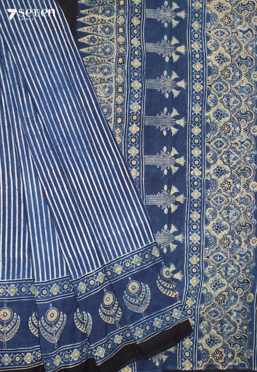 Olikara Kutch Blue Pure Handmade Ajrakh 100% Cotton Saree - Seven Sarees - Saree - Seven Sarees