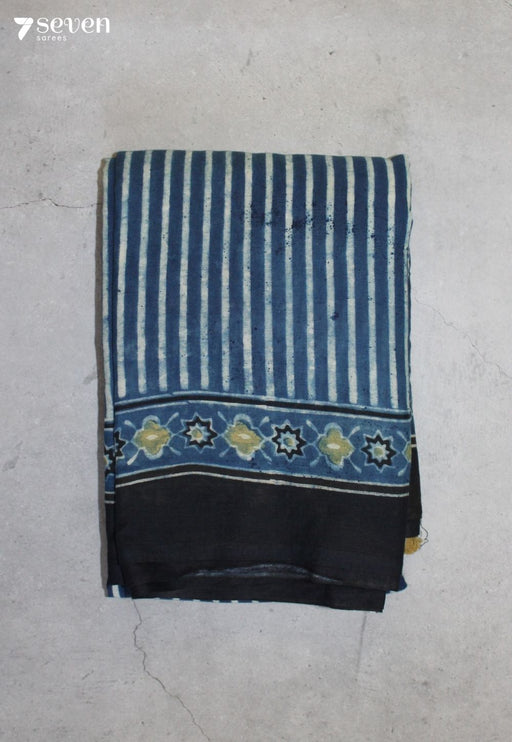Olikara Kutch Blue Pure Handmade Ajrakh 100% Cotton Saree - Seven Sarees - Saree - Seven Sarees