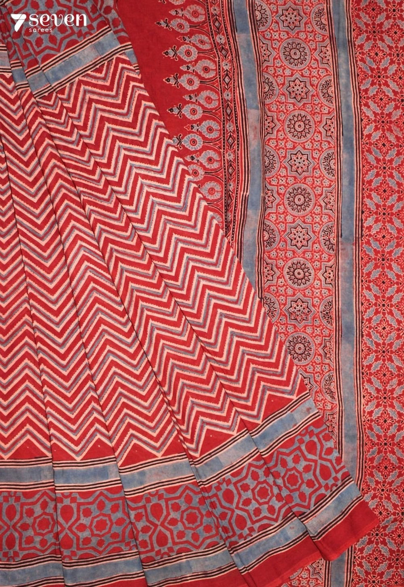 Padrini Kutch Red Pure Handmade Ajrakh 100% Cotton Saree - Seven Sarees - Saree - Seven Sarees