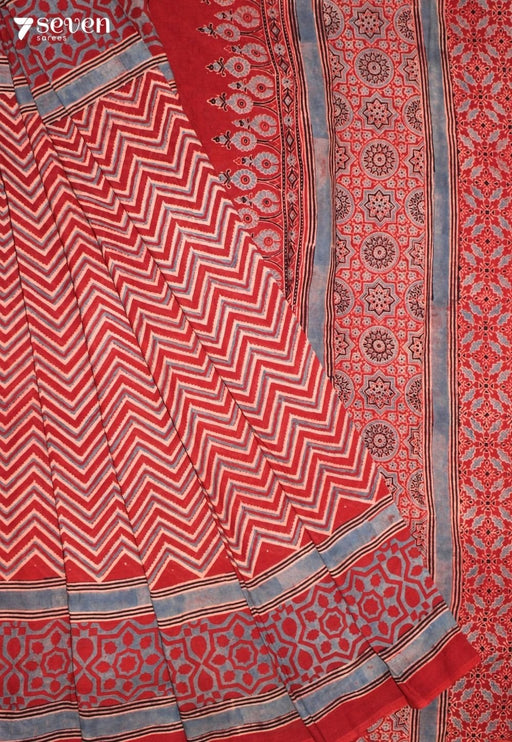 Padrini Kutch Red Pure Handmade Ajrakh 100% Cotton Saree - Seven Sarees - Saree - Seven Sarees